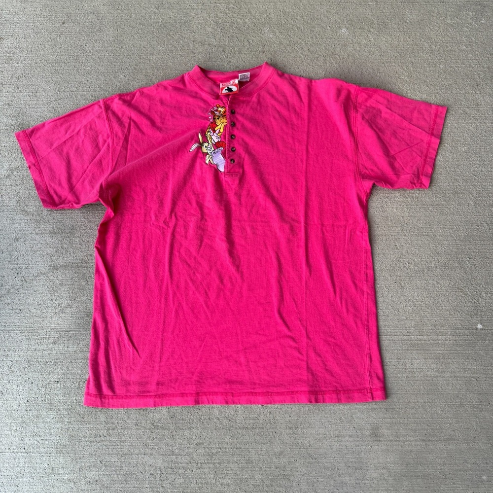 Vintage Mickey, Inc Unisex Henley T-Shirt Pink Cotton Cartoon Embroidered L/XL